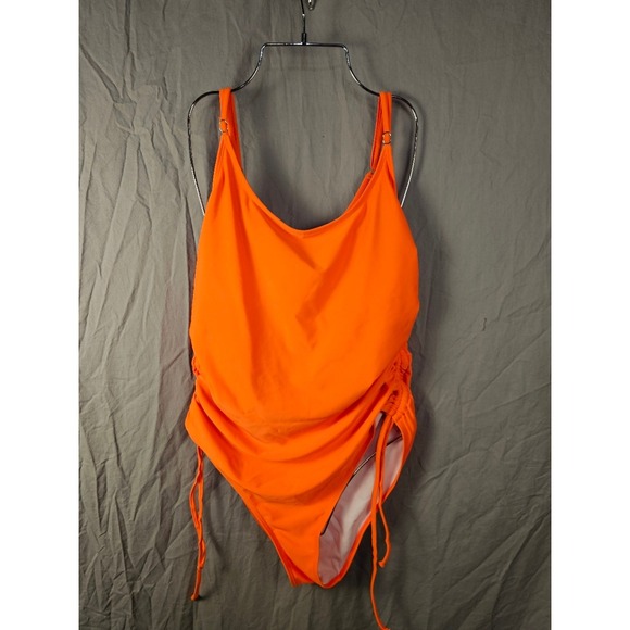 Unbranded Other - Neon Orange Ruched One Piece Swimsuit Women XL Side Tie Scoop Neck Swimwear